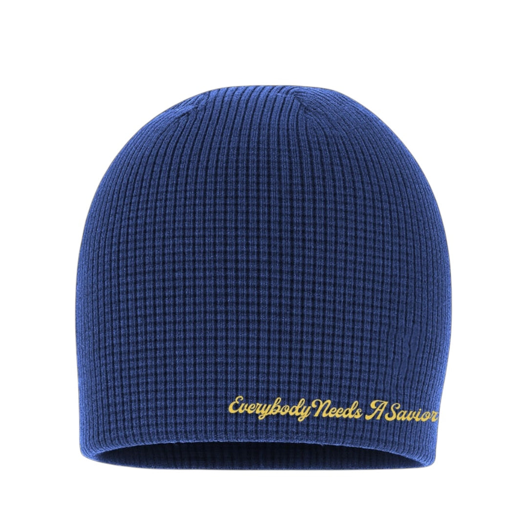 “EVERYBODY NEEDS A SAVIOR BEANIE-NAVY BLUE”